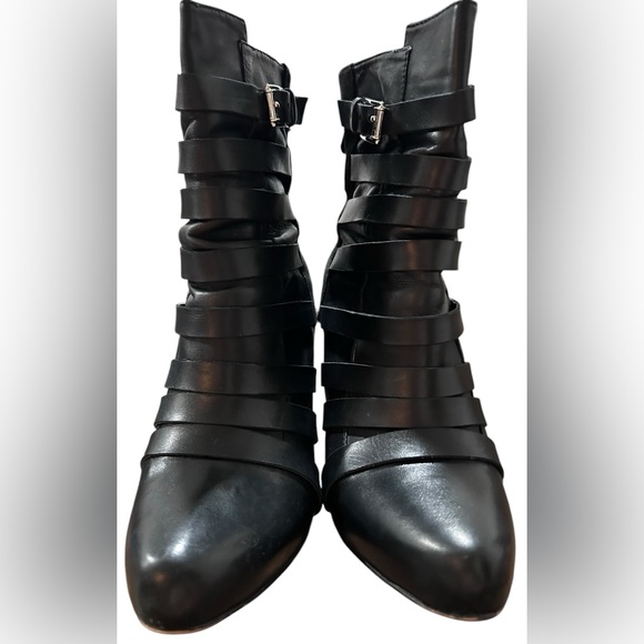 SAM EDELMAN Kendrix Suede/Leather Buckle & Strap Banana Heel Booties Black 9.5 - Picture 4 of 11